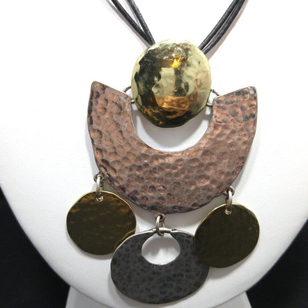 Chico's Long Gold Silver Hammered Pendant Necklace, Black Leather Cords, 35 Inch